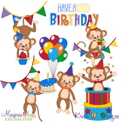 Birthday Monkeys SVG Cutting Files Includes Clipart