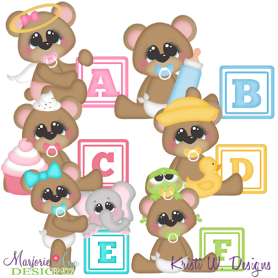 Baby Alphabet Bears A- F SVG Cutting Files Includes Clipart