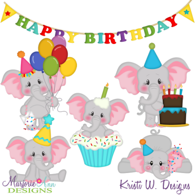 Birthday Elephants 2 SVG Cutting Files + Clipart