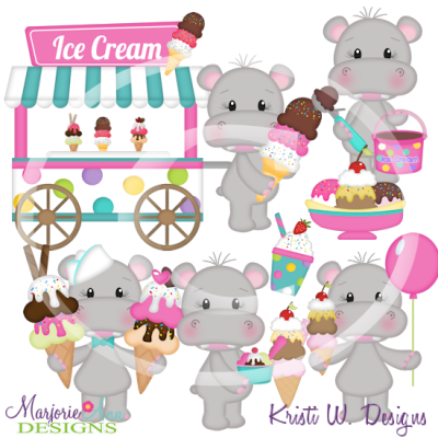 Happy Hippo Loves Ice Cream SVG Cutting Files Includes Clipart